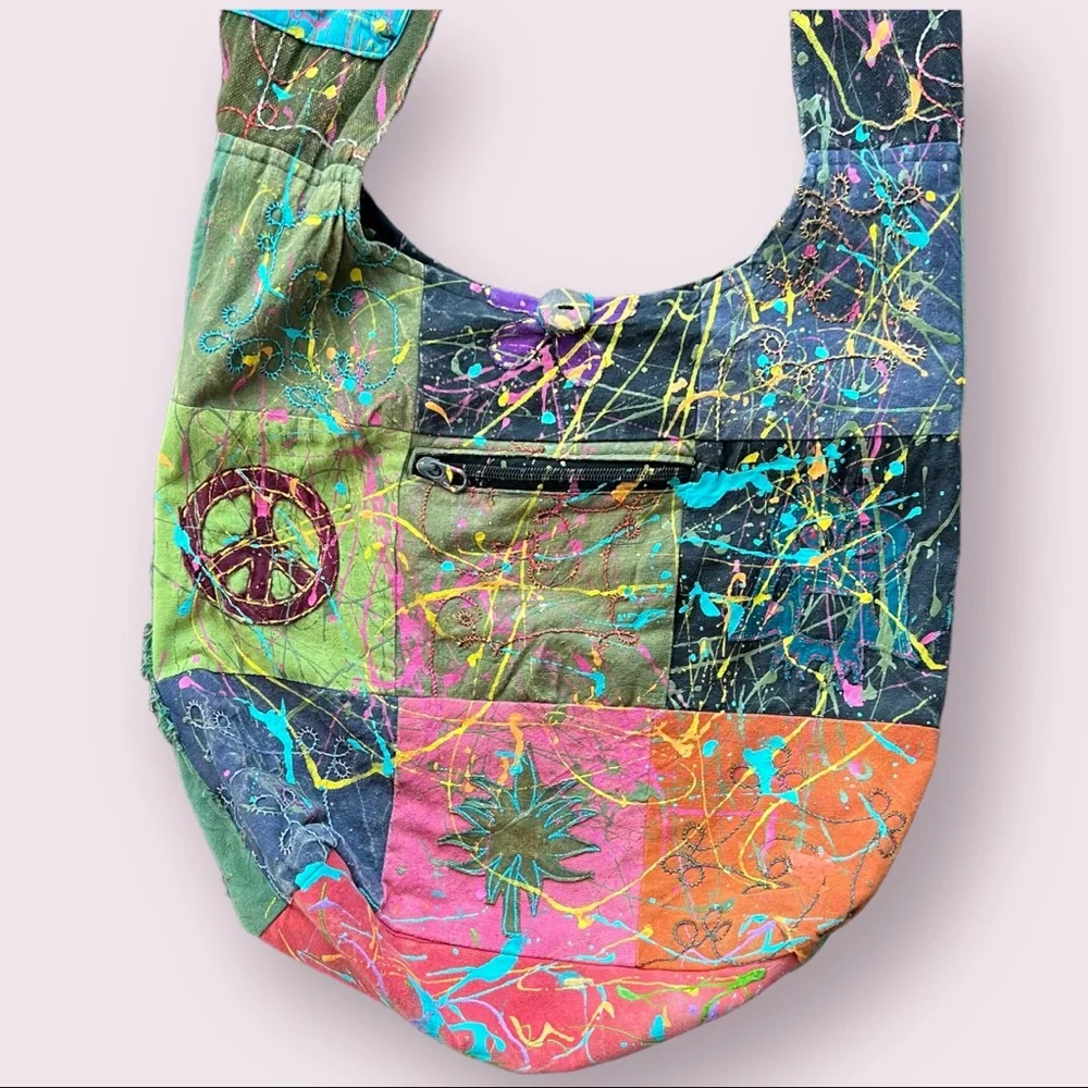 Artist made - boho hippy paint splatter shoulder bag - Picture 3 of 12